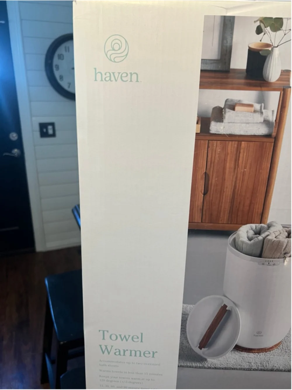 New Haven Towel Warmer in White/Wood Accents, On/Off Switch, Automatic Shut Off